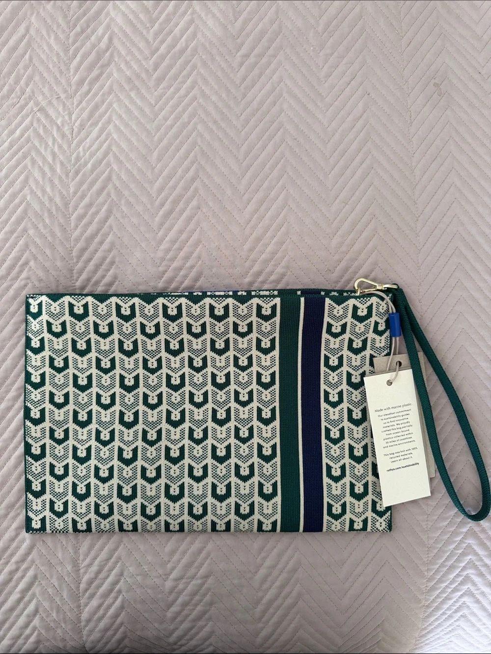 NWT Rothy's Green and Cream Patterned Zip Clutch with Navy Stripe